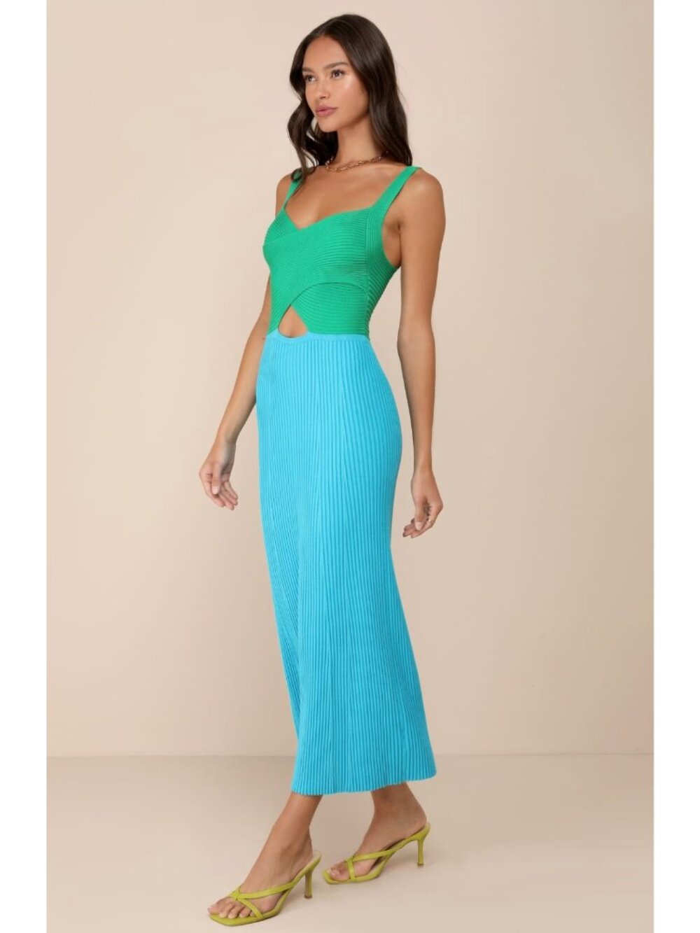 LUSH Women's Blue/Green Colorblock Ribbed Wrap Cut Out Front Bodycon Dress NWT S